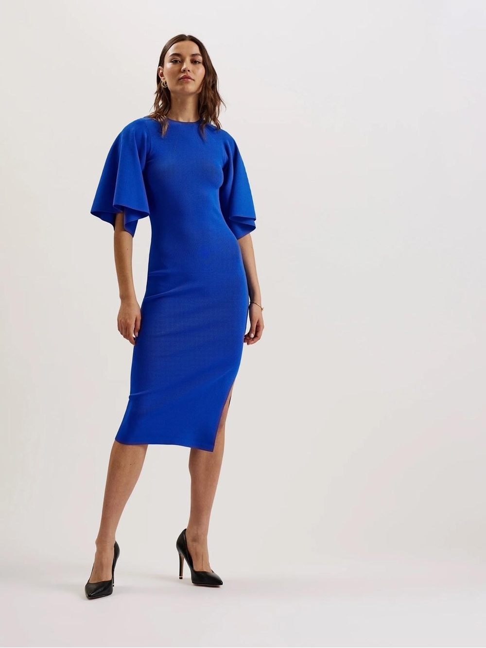 Ted Baker London Electric Blue Midi Dress with Flutter Sleeves